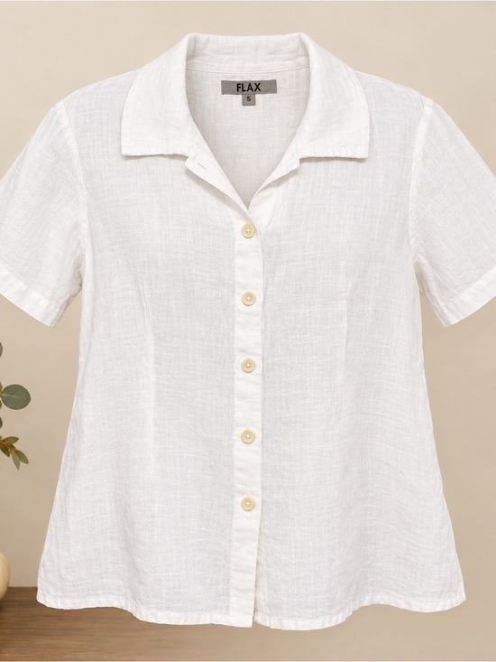 Flax Tops - Flax 100% Line White Short-Sleeve Button-Down Shirt